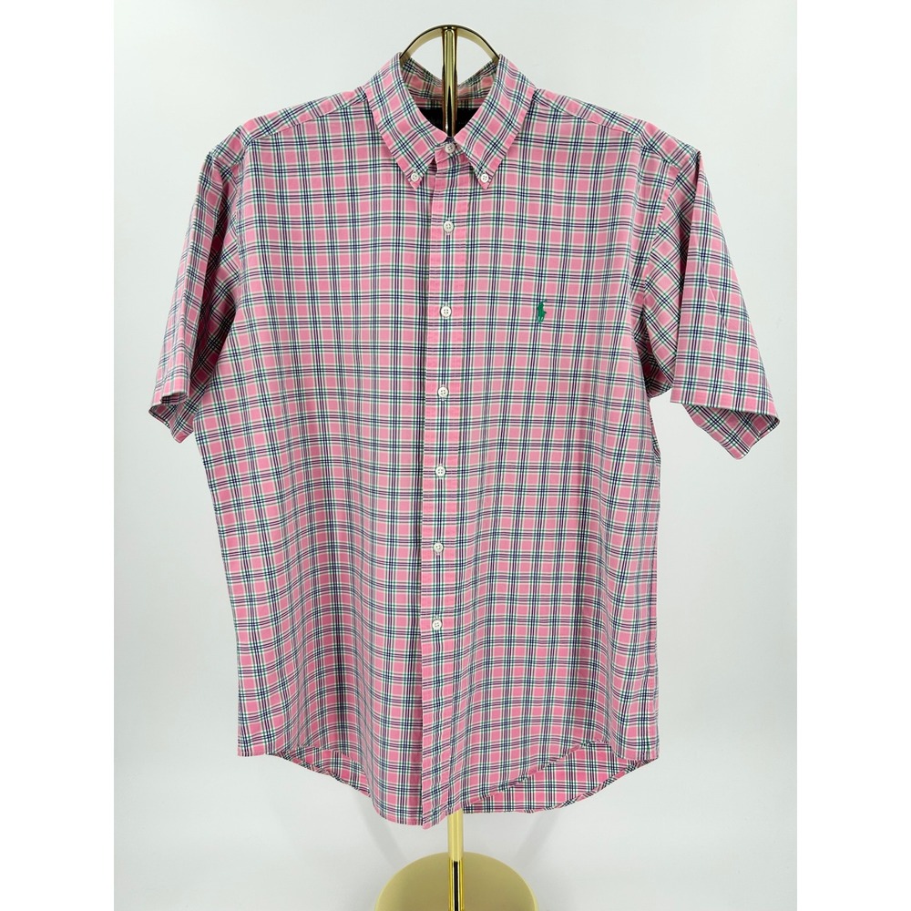 Polo Ralph Lauren Mens Large Classic Fit Short Sleeve Plaid Button Down Pink